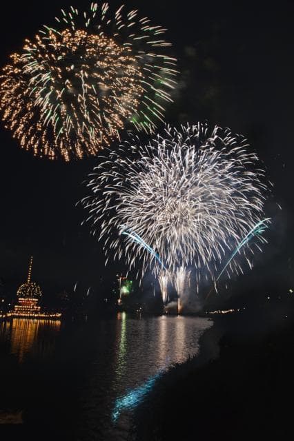 Hoko boats and fireworks floating in Otsukawa