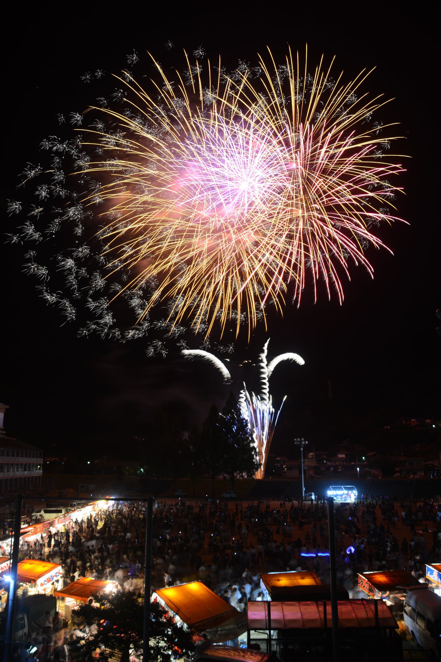 つるぎ町夏祭りで夜空に花火が上がる様子、縦型写真、赤系の大きな花火が写真の４分の３を占める、写真３分の１は貞光中学校のグラウンドに屋台が並び多くの人が集まる様子が写っている