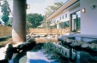 広々とした露天風呂。木々の緑を眺めながらくつろぎたい。